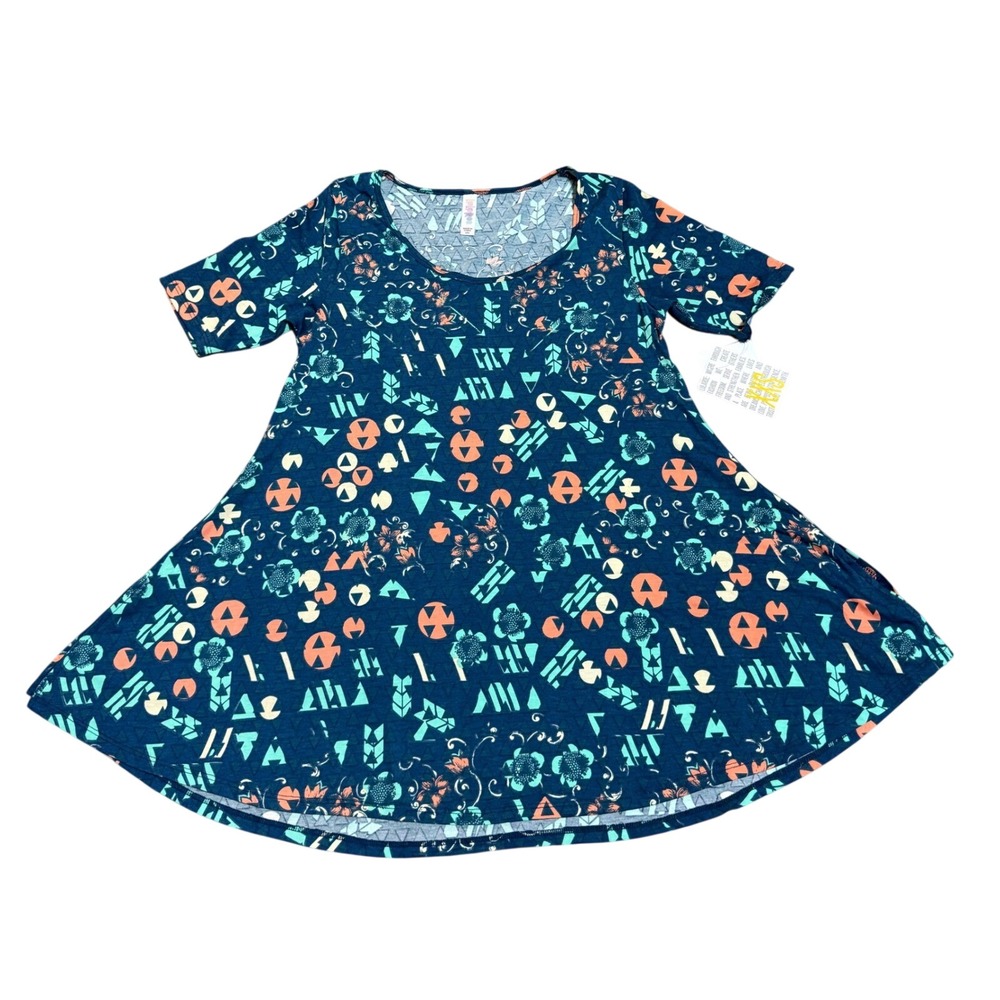 LuLaRoe Perfect T Top XXS Teal Blue Geometric Floral Short Sleeve Tunic NWT #101